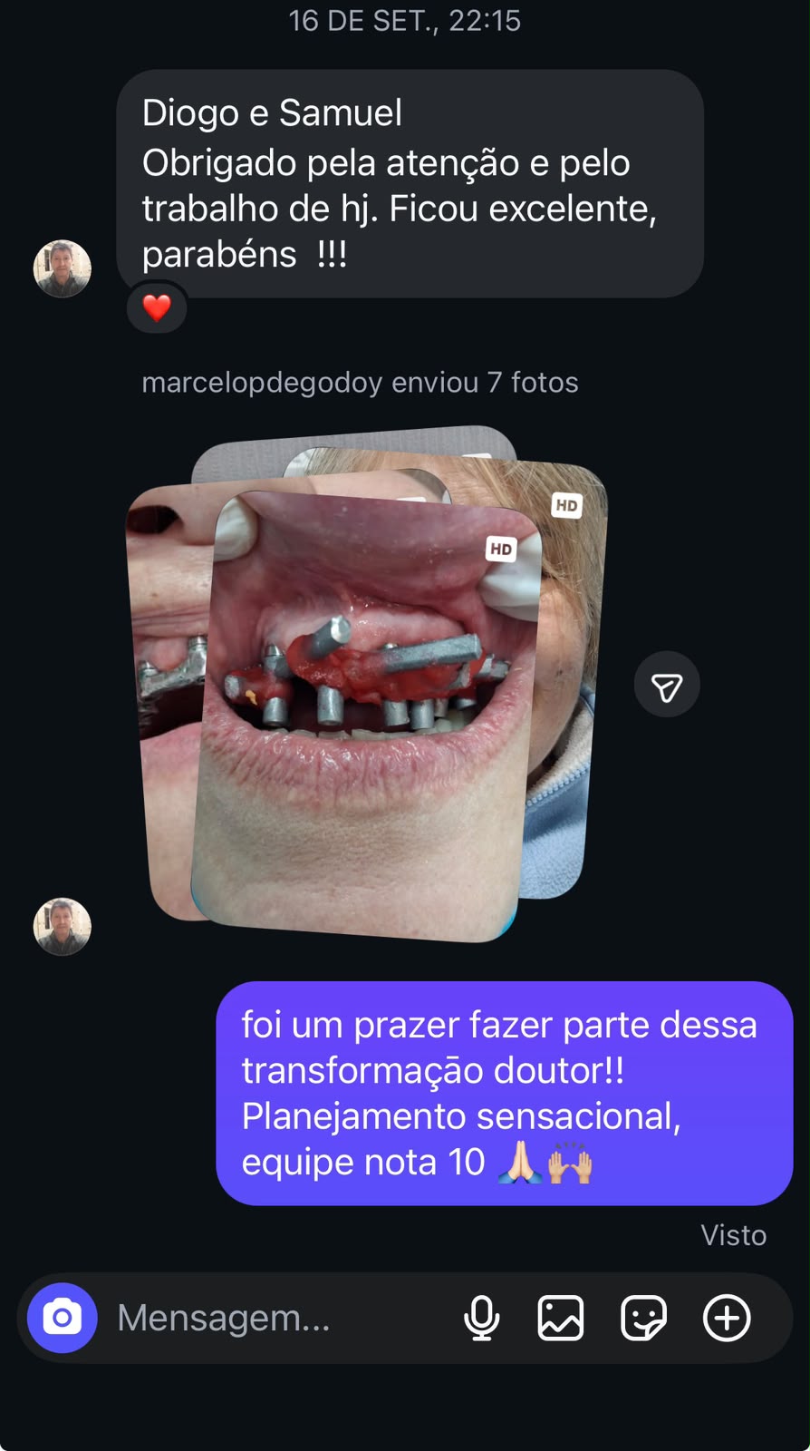 Feedback do Dr. Marcelo: obrigado pela atenção e pelo trabalho de hoje, ficou excelente