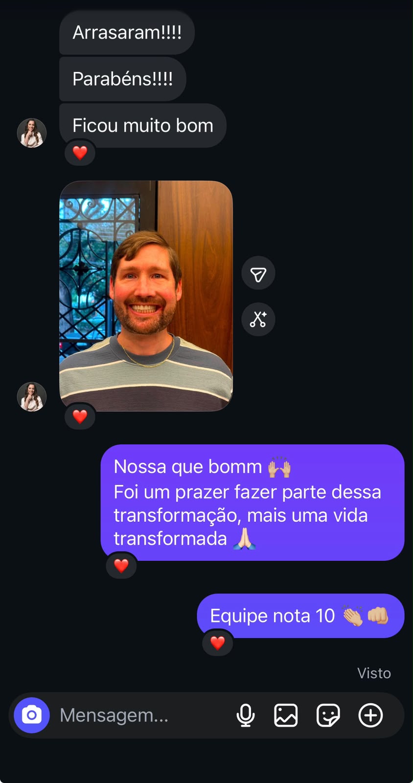 Feedback de dentista com foto do paciente sorrindo: arrasaram, ficou muito bom